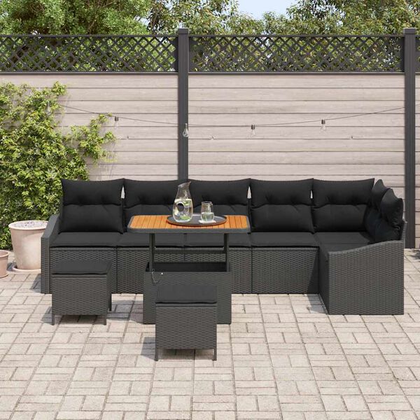 vidaXL Garden Sofa Set with Cushion 9 pcs Black Poly rattan