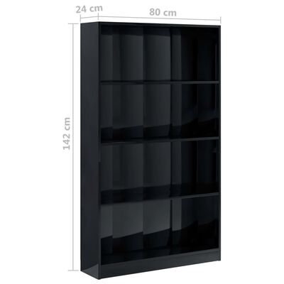 vidaXL 4-Tier Book Cabinet High Gloss Black 80x24x142 cm Engineered Wood