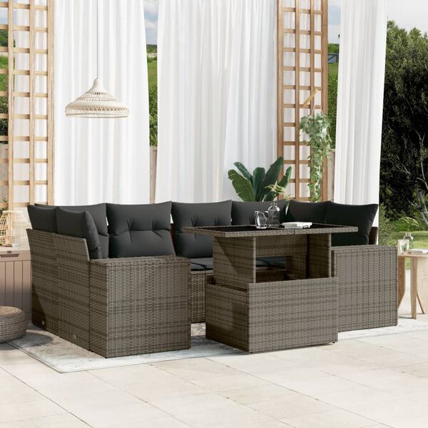 vidaXL 7 Piece Garden Sofa Set with Cushions Grey Poly Rattan