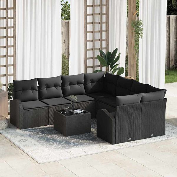 vidaXL Sofa Set with Cushion with Storage 9 pcs Black Poly Rattan