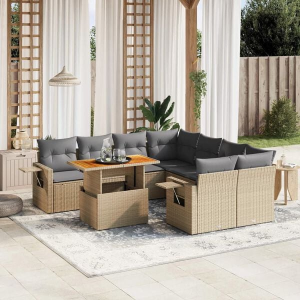 vidaXL 9 Piece Garden Sofa Set with Cushions Beige Poly Rattan