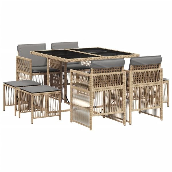 vidaXL 9 Piece Garden Dining Set with Cushions Mix Beige Poly Rattan