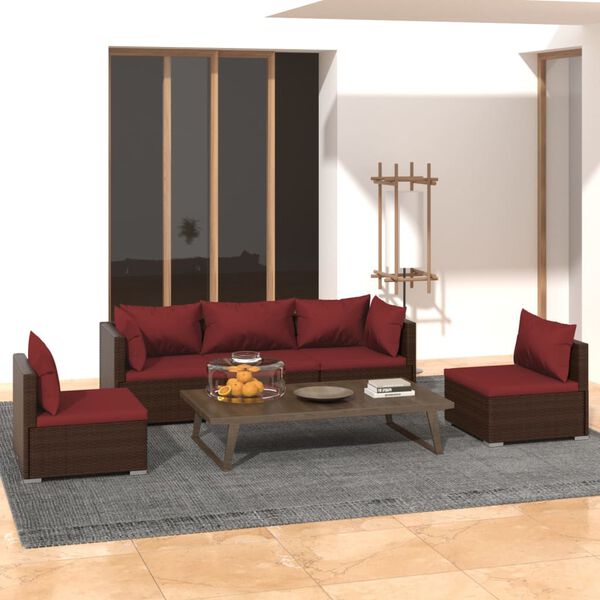 vidaXL 5 Piece Garden Lounge Set with Cushions Poly Rattan Brown
