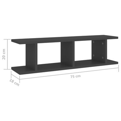 vidaXL Wall Shelves 2 pcs Grey 75x18x20 cm Engineered Wood