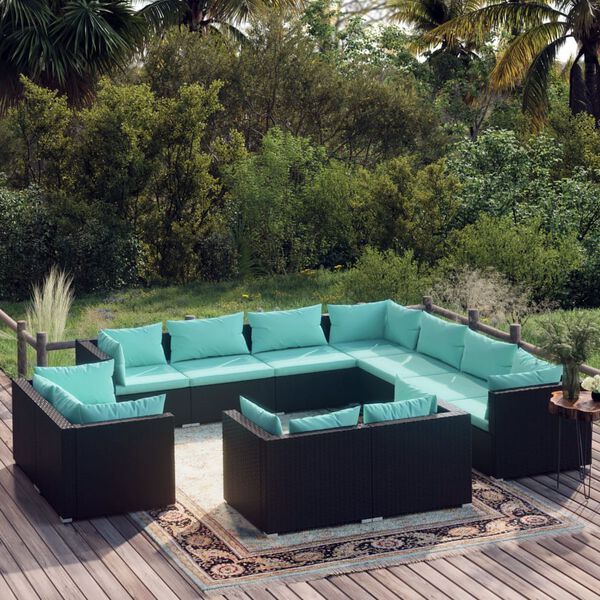vidaXL 11 Piece Garden Lounge Set with Cushions Black Poly Rattan