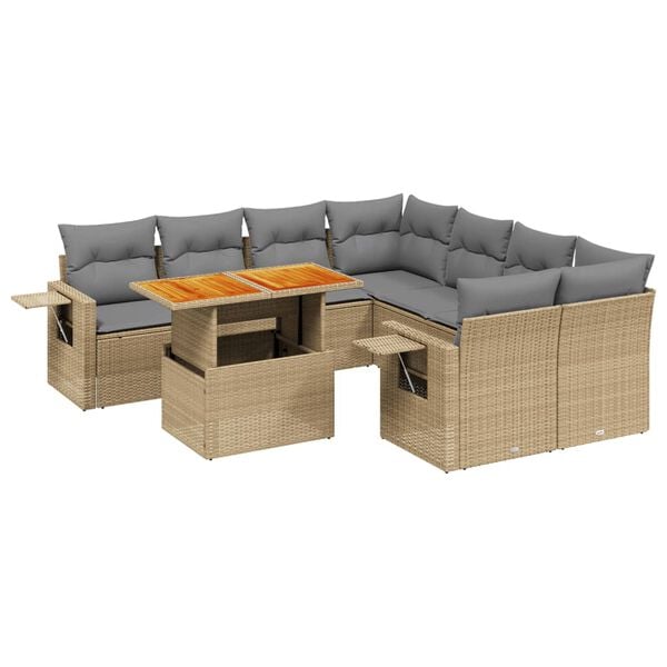 vidaXL 9 Piece Garden Sofa Set with Cushions Beige Poly Rattan