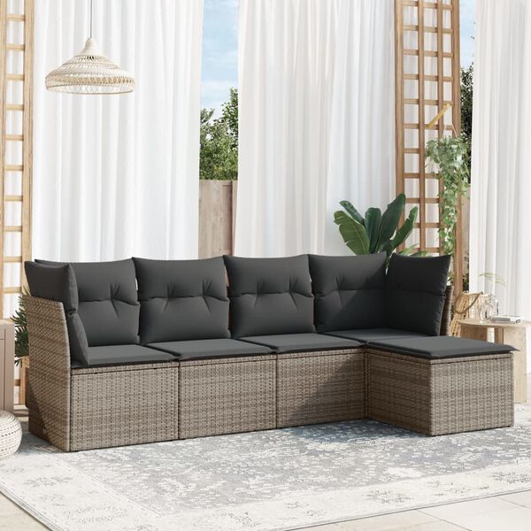 vidaXL 5 Piece Garden Sofa Set with Cushions Grey Poly Rattan