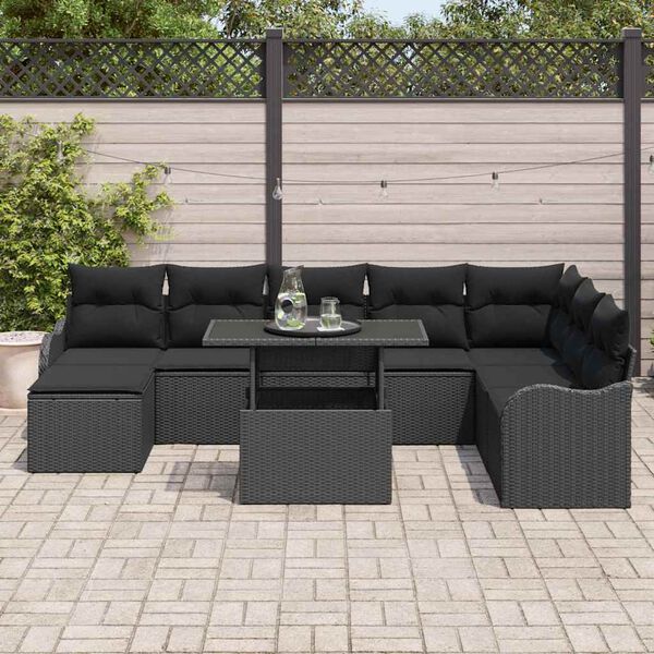vidaXL Garden Sofa Set with Cushion 9 pcs Black Poly rattan