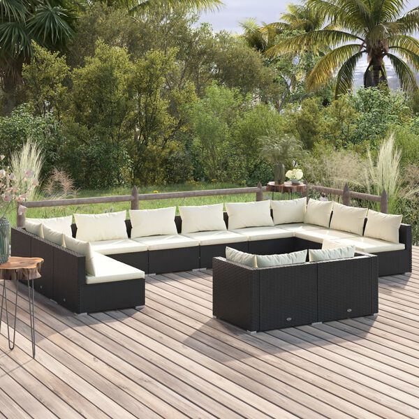 vidaXL 12 Piece Garden Lounge Set with Cushions Black Poly Rattan