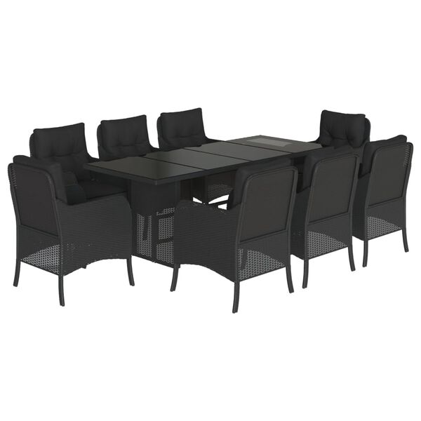 vidaXL 9 Piece Garden Dining Set with Cushions Black Poly Rattan