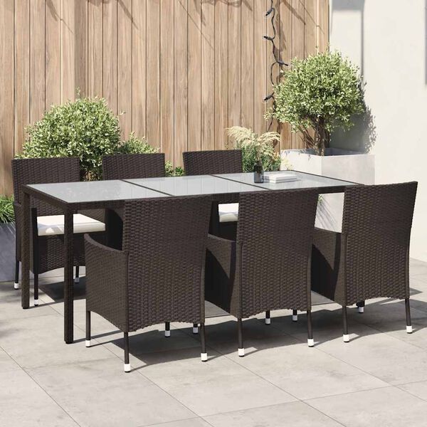 vidaXL 7 Piece Outdoor Dining Set with Cushions Poly Rattan Brown