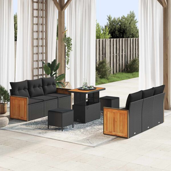 vidaXL Garden Sofa Set with Cushion 11 pcs Black Poly Rattan