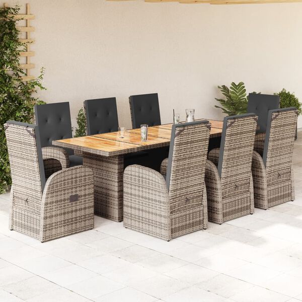 vidaXL 9 Piece Garden Dining Set with Cushions Grey Poly Rattan