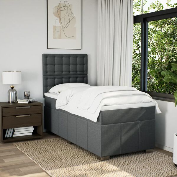 vidaXL Box Spring Bed with Mattress Dark Grey King Single Fabric