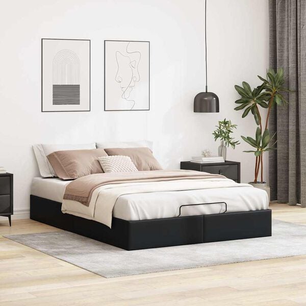 vidaXL Ottoman Storage Bed Frame without Mattress Black Queen Faux Leather