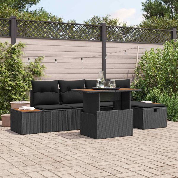 vidaXL Garden Sofa Set Height-Adjustable 6 pcs Black Poly Rattan