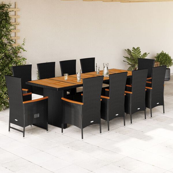 vidaXL 11 Piece Garden Dining Set with Cushions Black Poly Rattan