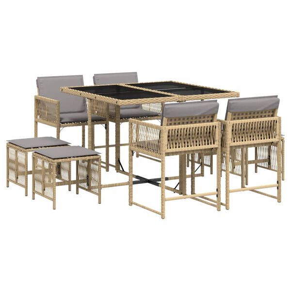 vidaXL 9 Piece Garden Dining Set with Cushions Mix Beige Poly Rattan