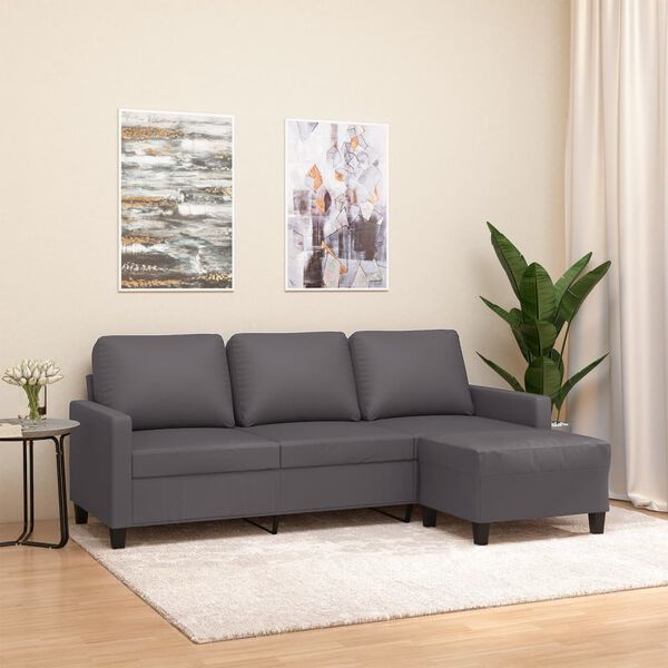 vidaXL 3-Seater Sofa with Footstool Grey 180 cm Faux Leather