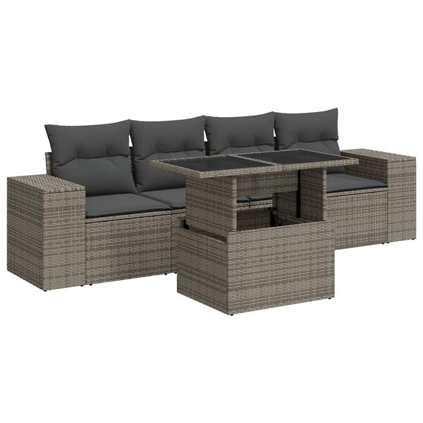 vidaXL 5 Piece Garden Sofa Set with Cushions Grey Poly Rattan