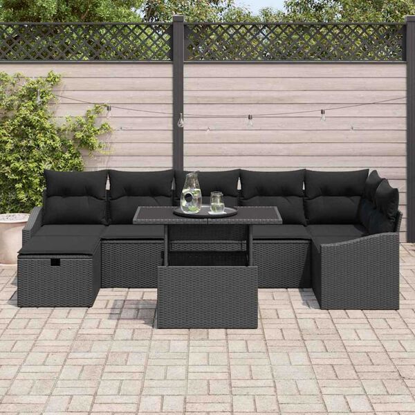vidaXL Garden Sofa Set Height-Adjustable 8 pcs Black Poly Rattan