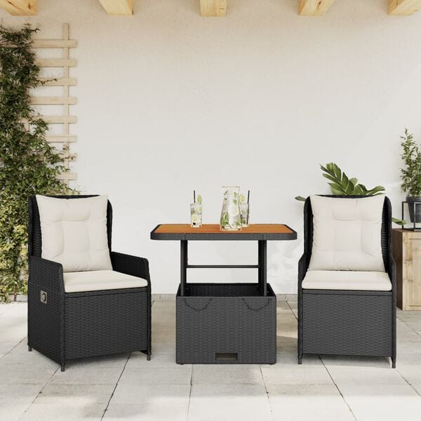 vidaXL 3 Piece Bistro Set with Cushions Black Poly Rattan