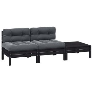 vidaXL 3 Piece Garden Lounge Set with Cushions Black Solid Pinewood