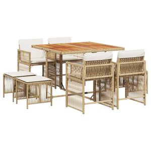 vidaXL 9 Piece Garden Dining Set with Cushions Beige Poly Rattan