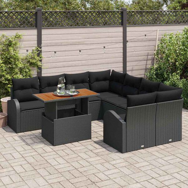 vidaXL Garden Sofa Set with Cushion 9 pcs Black