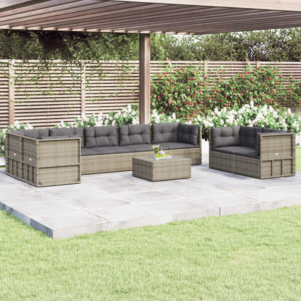 vidaXL 8 Piece Garden Lounge Set with Cushions Grey Poly Rattan