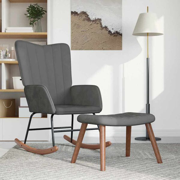 vidaXL Rocking Chair with a Stool Dark Grey Velvet