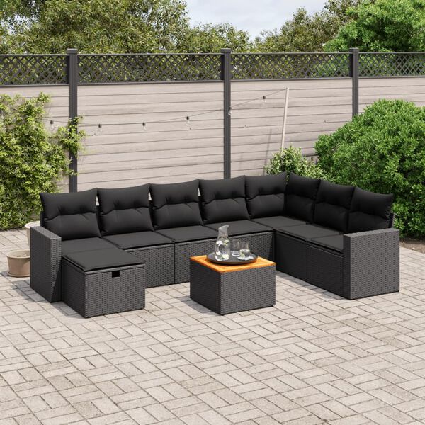 vidaXL 9 Piece Garden Sofa Set with Cushions Black Poly Rattan