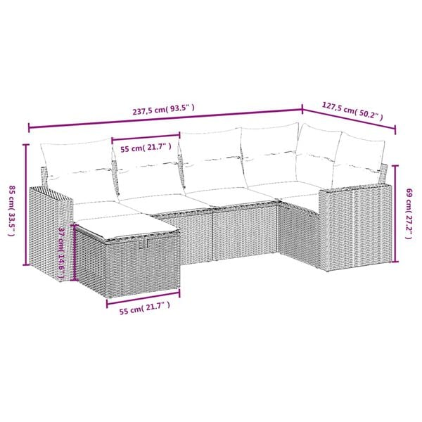 vidaXL 6 Piece Garden Sofa Set with Cushions Grey Poly Rattan