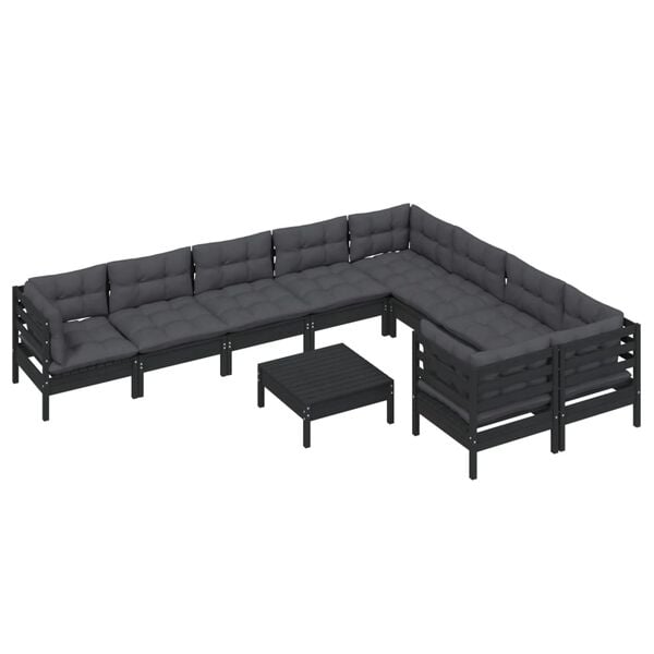 vidaXL 10 Piece Garden Lounge Set with Cushions Black Pinewood