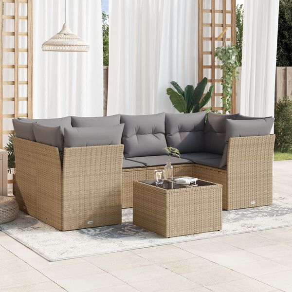 vidaXL 7 Piece Garden Sofa Set with Cushions Beige Poly Rattan