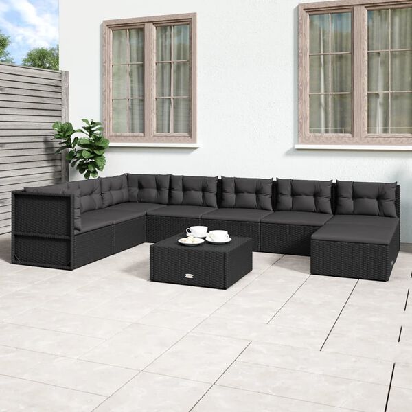 vidaXL 8 Piece Garden Lounge Set with Cushions Black Poly Rattan