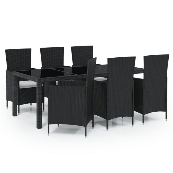 vidaXL 7 Piece Outdoor Dining Set with Cushions Poly Rattan Black