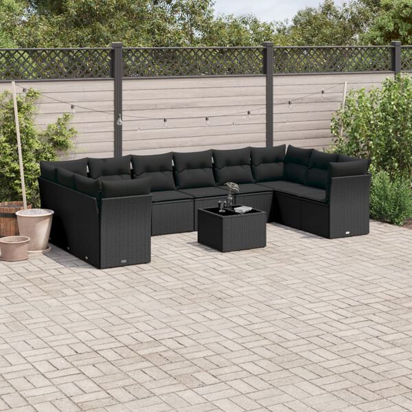 vidaXL 11 Piece Garden Sofa Set with Cushions Black Poly Rattan
