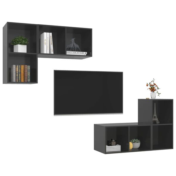 vidaXL Wall-mounted TV Cabinets 4 pcs High Gloss Grey Engineered Wood