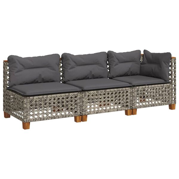 vidaXL Garden Sofa with Cushions 3-Seater Grey Poly Rattan