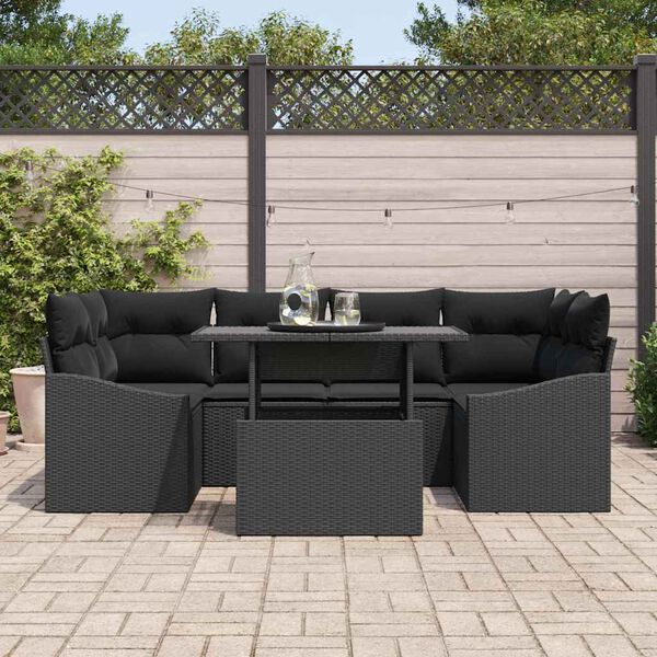 vidaXL Garden Sofa Set with Cushion 7 pcs Black Poly Rattan