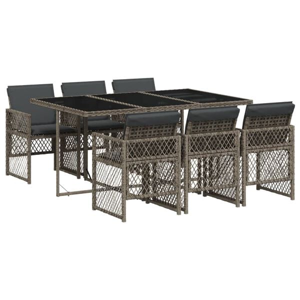 vidaXL 7 Piece Garden Dining Set with Cushions Grey Poly Rattan