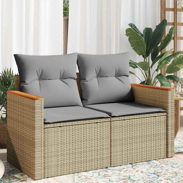 vidaXL Garden Sofa with Cushions 2-Seater Beige Poly Rattan