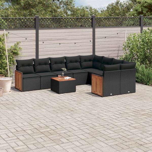 vidaXL 10 Piece Garden Sofa Set with Cushions Black Poly Rattan