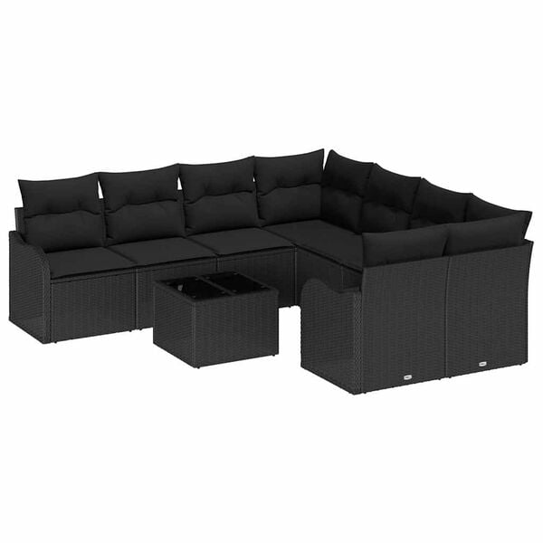 vidaXL Garden Sofa Set with Cushion Manual 9 pcs Black Poly Rattan