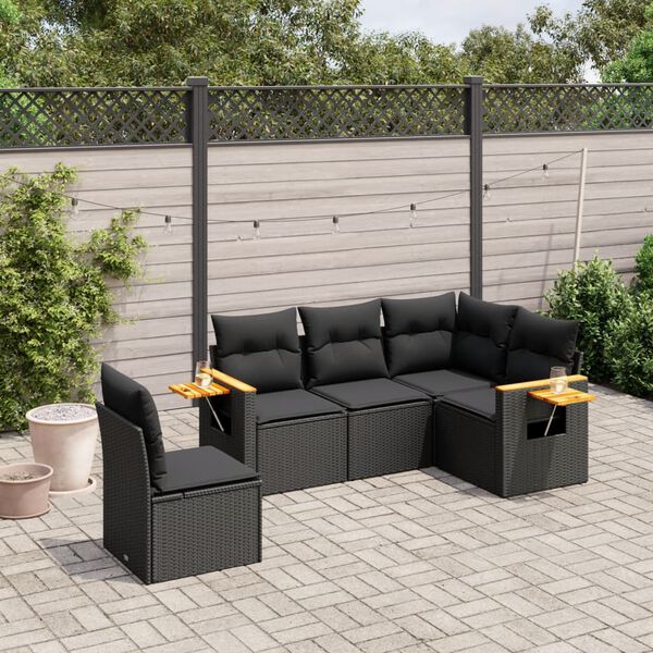 vidaXL 5 Piece Garden Sofa Set with Cushions Black Poly Rattan