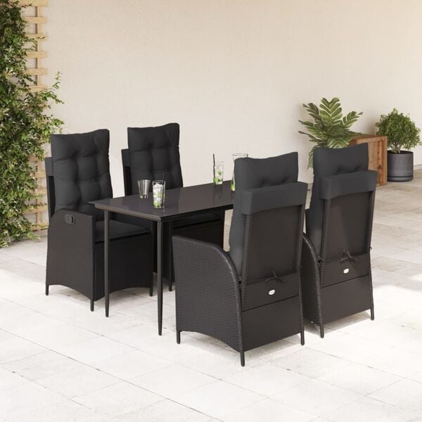 vidaXL 5 Piece Garden Dining Set with Cushions Black Poly Rattan