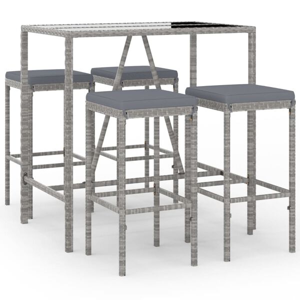 vidaXL 5 Piece Garden Bar Set with Cushions Grey Poly Rattan