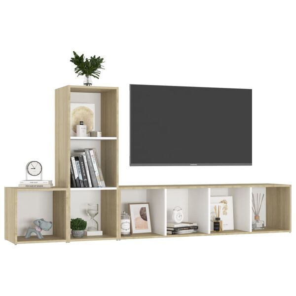 vidaXL 3 Piece TV Cabinet Set White and Sonoma Oak Engineered Wood