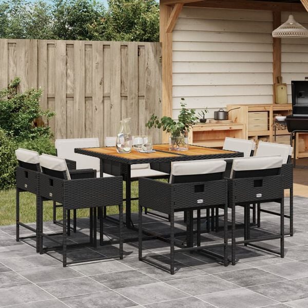 vidaXL 9 Piece Garden Dining Set with Cushions Black Poly Rattan
